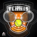 Crossed rackets with tennis ball in center of shield. Vector sport logo isolated for any team Royalty Free Stock Photo